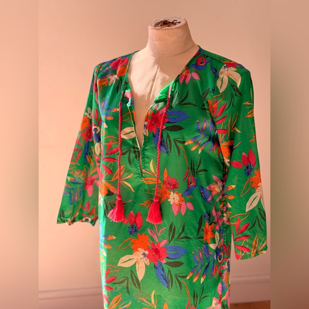 J. Crew Green Floral Linen CoverUp with Red Accents